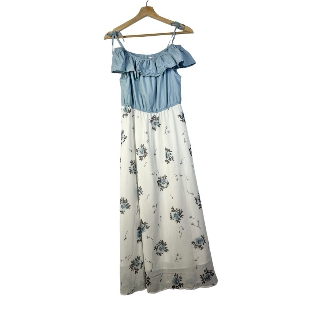 Boutique Blue Chambray Ruffle Cold‎ Shoulder Floral Maxi Dress L